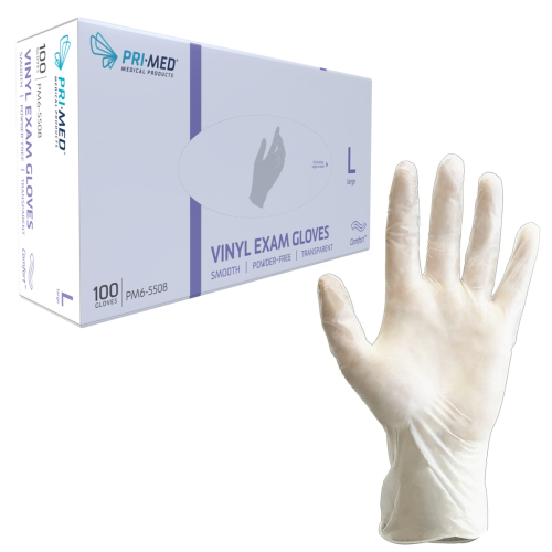 PRIMED Comfort Powder-Free Vinyl Examination Gloves, Transparent, Large, 100/Box