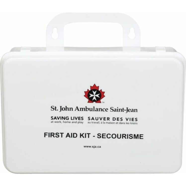 St. John Ambulance first aid kit in a white plastic case