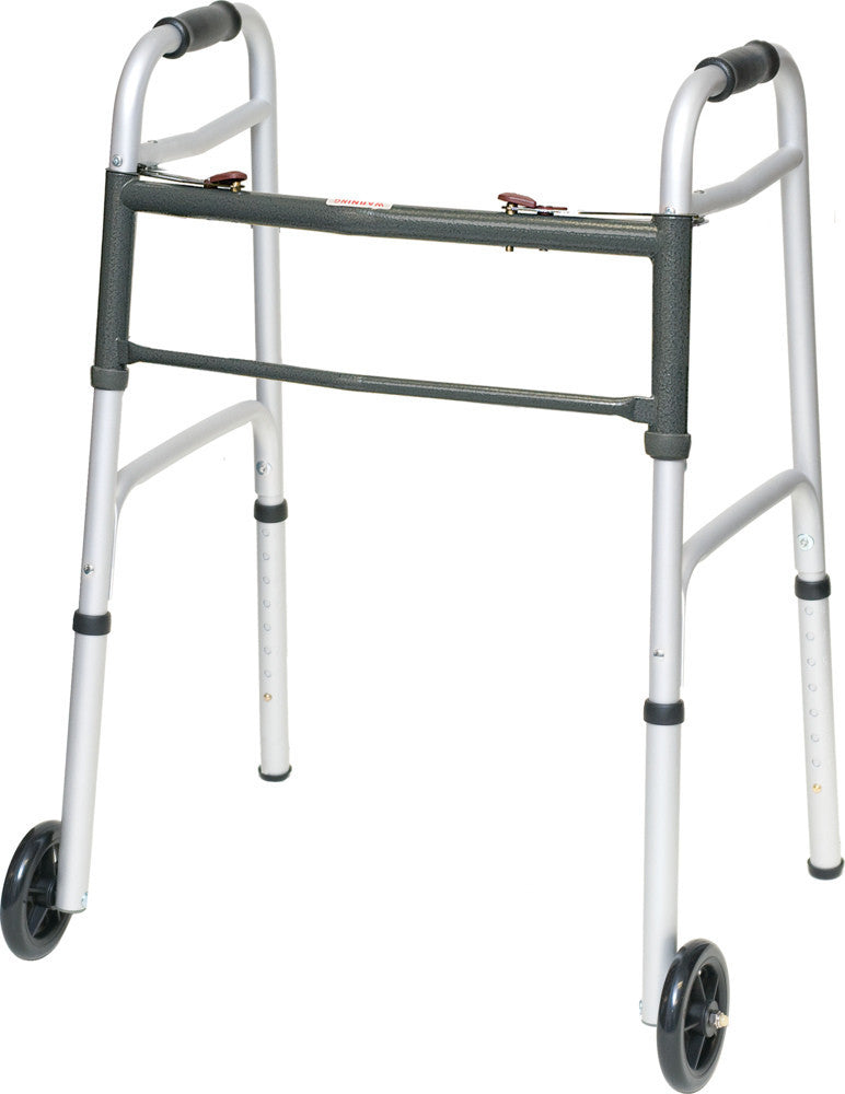 ProBasics Two-Button Folding Aluminum Walker with 5 in Wheels, Adult