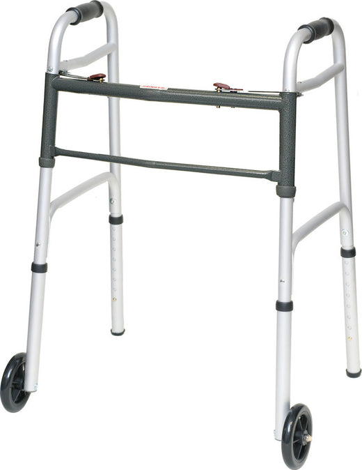 ProBasics Two-Button Folding Aluminum Walker with 5 in Wheels, Adult
