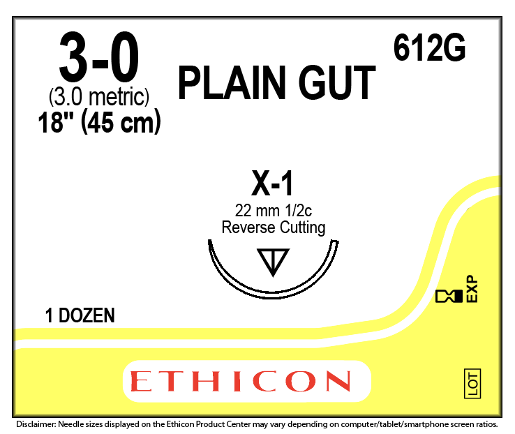 Ethicon Plain Gut Absorbable Monofilament Suture 18" 3-0 with X-1 Reverse Cutting Needle