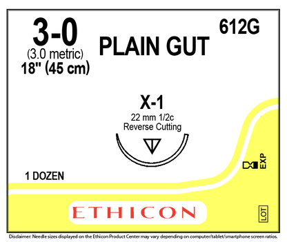 Ethicon Plain Gut Absorbable Monofilament Suture 18" 3-0 with X-1 Reverse Cutting Needle
