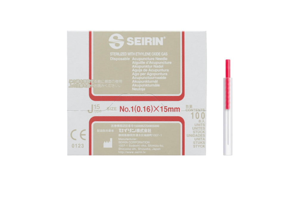 SEIRIN J15 acupuncture needles, 0.16 × 15 mm, red handle, box of 100