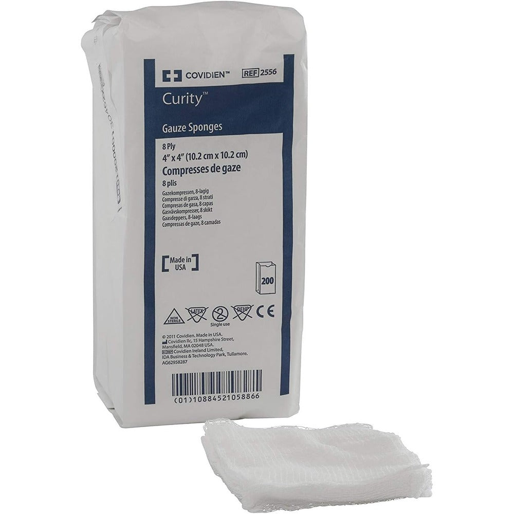 Curity Premium Woven Gauze Sponges, Non-Sterile, 4 × 4 in, 8-Ply, Bag of 200