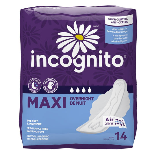 Incognito Maxi Overnight Pads with Wings, Pack of 14