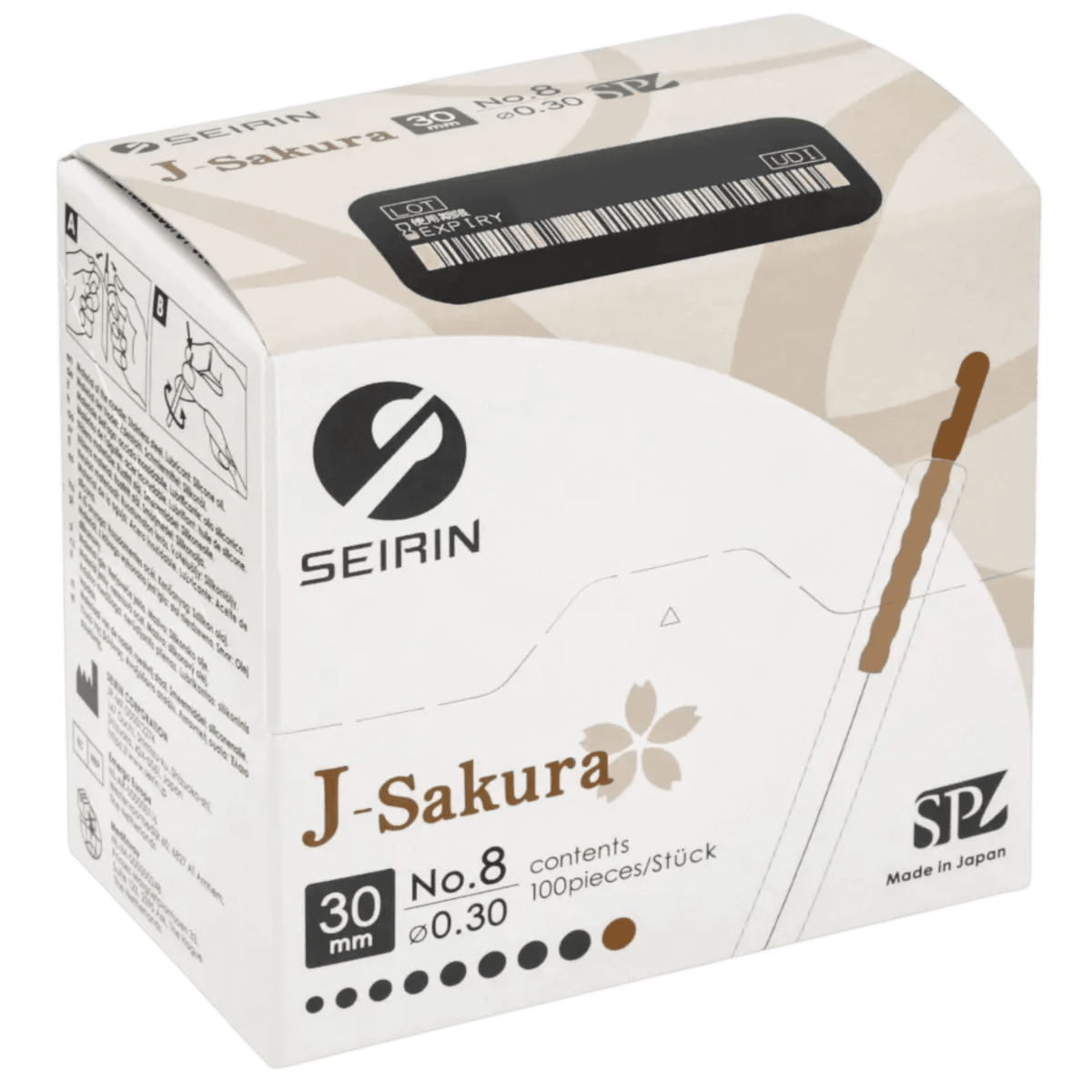 SEIRIN J-Type Sterile Acupuncture Needles with Guide Tube, Box of 100 — 0.30 x 30 mm