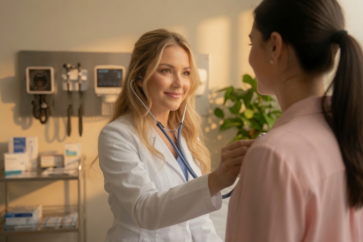Smiling female doctor listening to a patient in a warm clinic room